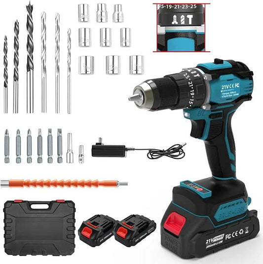 21V Cordless Power Drill/Driver Set, 80Nm Max Torque with 2 Batteries & Charger, 1/2 Inch Keyless Chuck, 3 Modes & 25 Position Torque Adjustment, 29Pcs Accessories for Home Use
