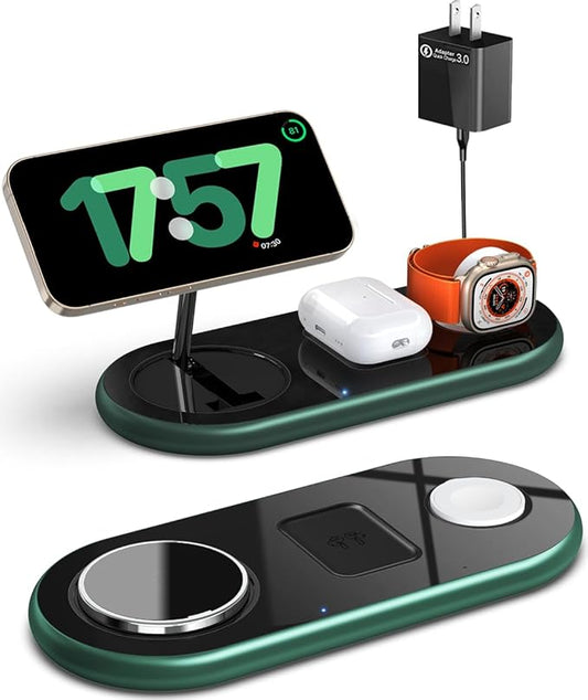 2025 Upgraded 3 in 1 Charging Station for Apple Devices, Fast Magnetic Mag-Safe Wireless Charger Stand for iPhone 16/15/14/13/12 Series & Apple Watch 1-9/Ultra & AirPods Pro (Forest Green)
