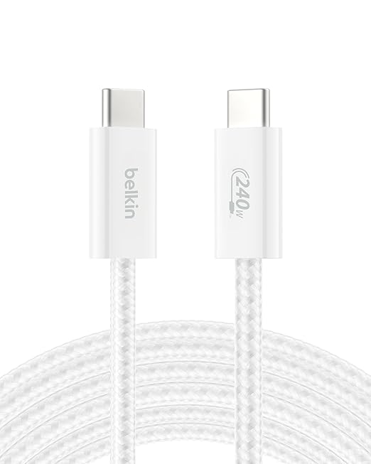 Belkin USB C to USB C Cable, 9.9ft, 240W - Type C Charger, iPhone Charger Cord, Soft, Braided, Flexible for iPhone 16, Galaxy S25, Pixel 9, MacBook, Chromebook, iPad Pro, Switch Steam Deck – White