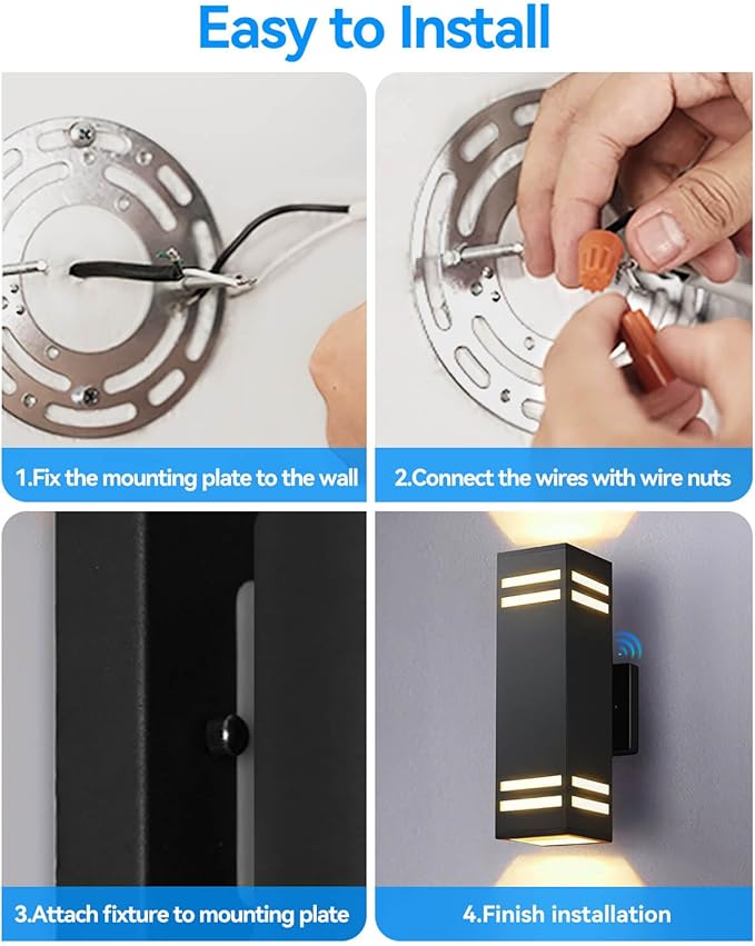 KIZON Outdoor Wall Lights Dusk to Dawn, Modern Outdoor Sconce Up and Down Lighting, Square Matte Black Exterior Lighting Fixture Wall Mount for House Porch, LED Bulbs Included, ETL Listed