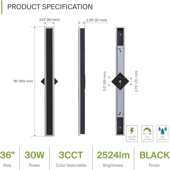ASD LED 36" Long Wall Mount Light Fixture, Outdoor & Indoor Linear Sconce | 3CCT, Dimmable, Waterproof, Anti-Rust, ETL Listed | 30W 2500LM 3000-5000K 100-277V | Exterior Porch Lighting | Black, 2 Pack