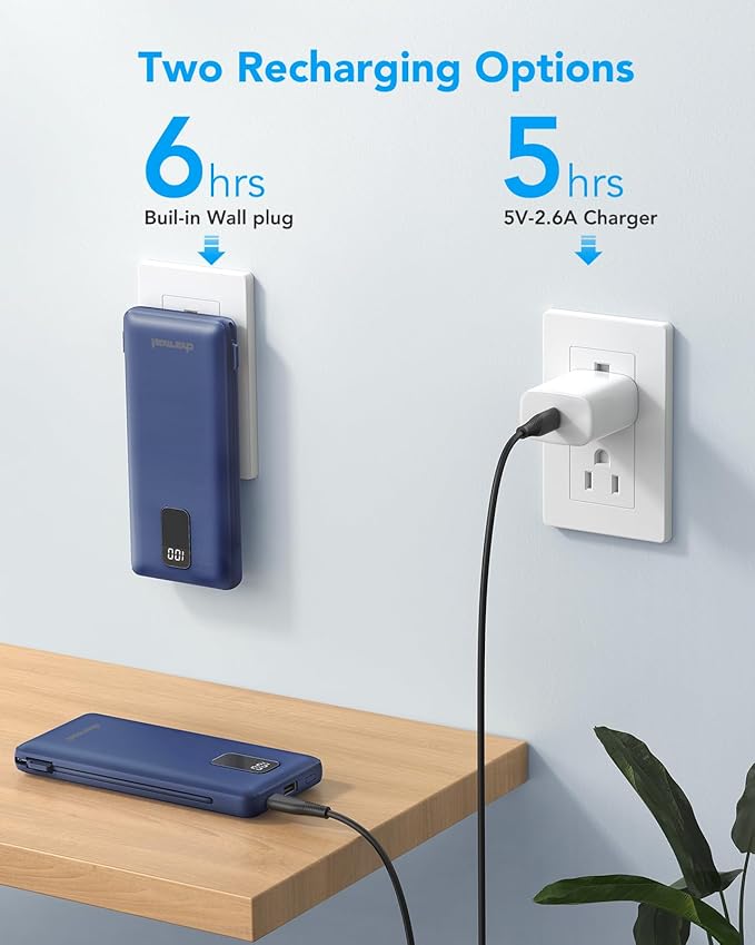 Charmast Portable Charger with Built-in Cables and Plug, 10000mAh USB C Power Bank Fast Charging 15W, External Battery Pack Slim, Travel Essentials Compatible with 16 15 14 13, Samsung Galaxy, iPad