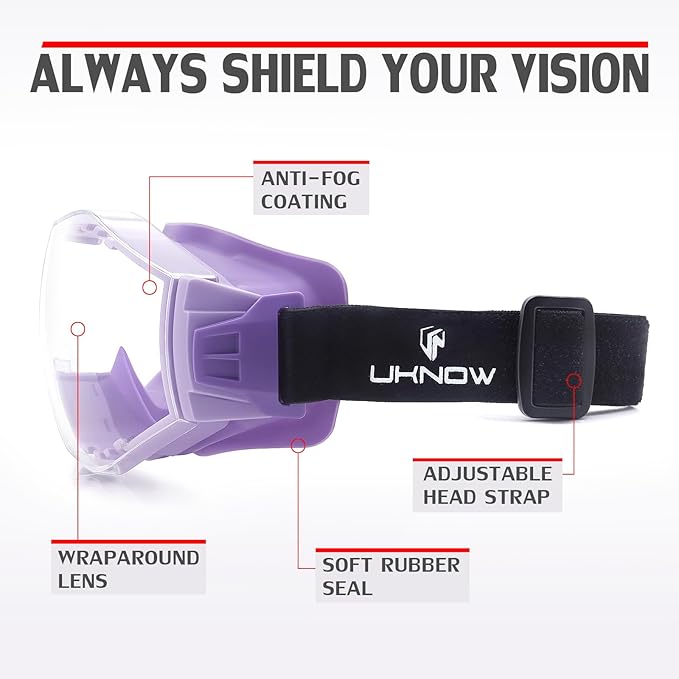 UKNOW Safety Goggles Over Glasses, Anti-Fog Clear Lens, ANSI Z87.1 Protective Eyewear Adjustable Strap, Ideal for Lab Use