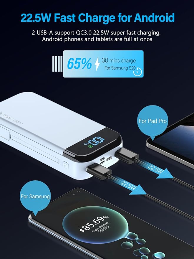 Portable Charger 32000mAh, 22.5W QC 3.0 PD 20W Smart LED Display Fast Charging Built in Cables Power Bank, External Battery Pack Charge 5 Devices Compatible with Cellphones (Blue)