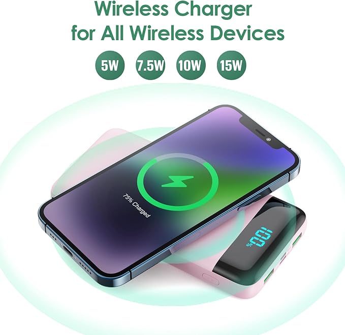 Wireless Portable Charger 30,800mAh 15W Wireless Charging 25W PD QC4.0 Fast Charging Smart LED Display USB-C Power Bank,4 Output& 2 Input External Battery Pack Compatible with iPhone,Samsung etc-Pink