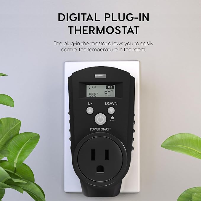 EconoHome Digital Plug in Thermostat - Programmable Thermostat with LCD Screen, Temperature Control & Power Buttons - Compatible with Wall Mount & Portable Heater, Air Cooler, Greenhouse Fans