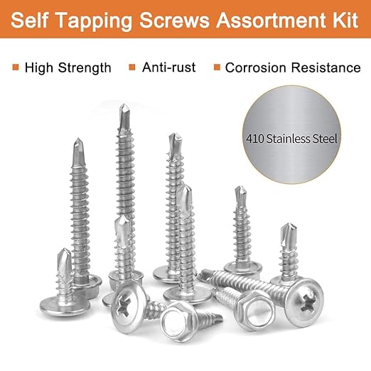 410 Stainless Steel #8Self Tapping Screws Assortment Kit 410PCS,Self Drilling Modified Truss Head & Hex Washer Head Sheet Metal TEK Screws 1/2" to 1-1/4'' (1, Silver, Hex Head & Truss Head 410 pcs)