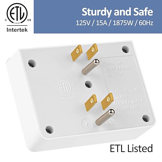 3 Prong Power Strip Outlet Extender, Multi Plug Outlet with 6 Electrical Outlets Adapter, Grounded Wall Outlet Tap, ETL Listed, 125V, 15A, Max 1875W, Quick and Easy Install, White