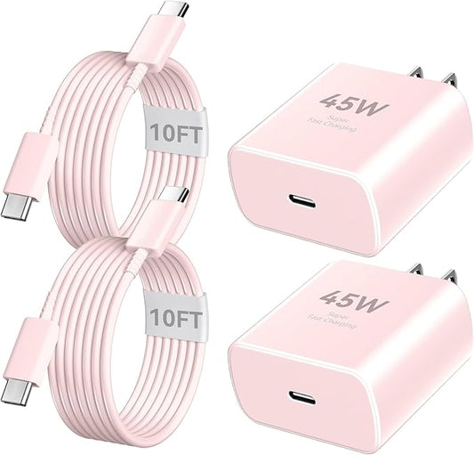 Phone 16 Pro Max Charger Fast Charging, 45W Super Fast USB C Charger Block with 10FT Long Charging Cord Cable for 16 Pro Max/16/16 Plus,15 Pro Max/15 Pro/15,Android Phone-Pink