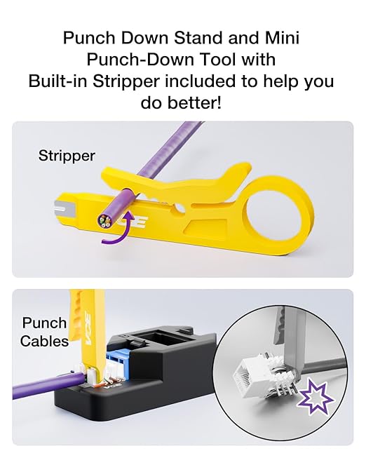VCE RJ45 Cat6 Keystone Jacks UL Listed 50-Pack, UTP Ethernet Keystone Jacks with Keystone Punch Down Stand Tool and Wire Stripper Cutter, Blue