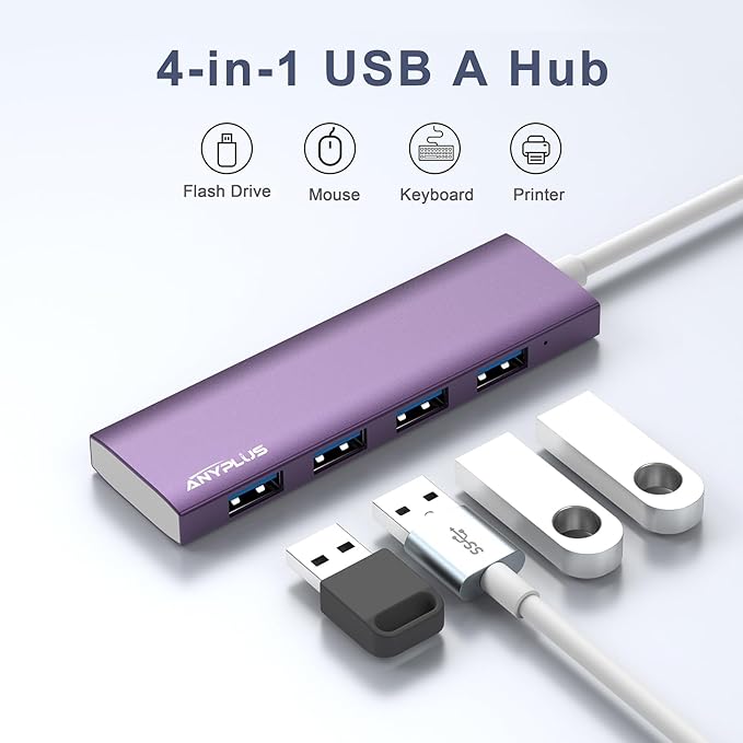 USB Hub, USB 3.0 Hub Aluminum Alloy Ultra Slim USB Splitter, Portable 4 Port USB Extender, USB Hub for Laptop, PC, MacBook, iMac, Surface Pro, Mac Pro, Flash Drive, XPS 【Purple】