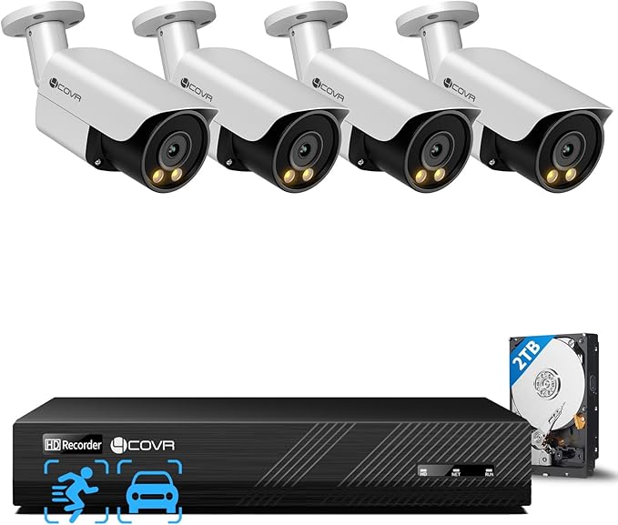 4COVR 8MP Security Camera System, 2 Way Audio Talk & Smart Color Night Vision, 4X 8MP Bullet PoE IP Camera IP67 Person Vehicle Detection, 8CH 4K NVR 2TB HDD, 24/7 Home Video, LY37YX8M0804