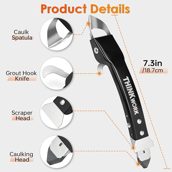 THINKWORK Caulking Tool Kit, 4 in 1 Caulk Remover Tool, Stainless Steel Caulk Tool for Kitchen Bathroom Window Sink Tile Joint, Black