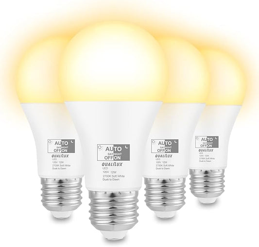 Dusk to Dawn Light Bulbs 1000 Lumen, Soft White, LED 12W, A19 E26, 4-Pack, HQ-H022