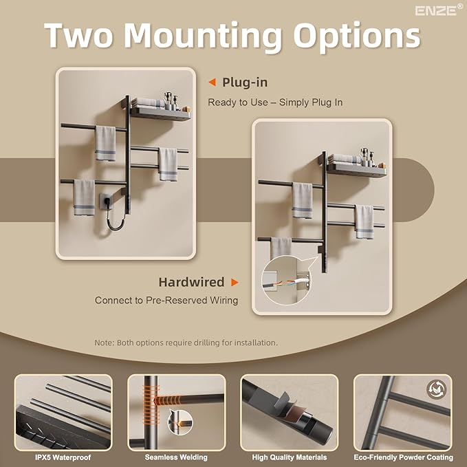 ENZE Smart Rotating Heated Towel Rack for Bathroom, Wall-Mounted Electric Towel Dryer with Swivel Bars & Shelf, Smart Timer, Low Carbon Steel, Plug-in/Hardwired, Towel Warmer with Wi-Fi App Control