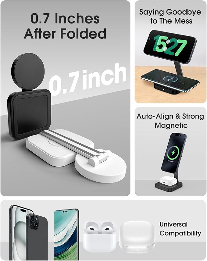 Magnetic Charging Station for iPhone 16 15 14 13 12 Series, Foldable Wireless Charger for Multiple Devices, Faster Mag-Safe Charger Stand, Portable Charging Stand for AirPods 4/3/2/Pro, Phone Holder