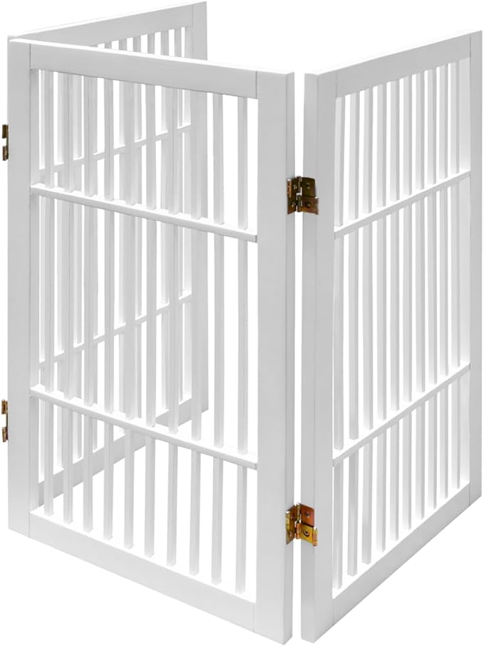 Pet Dog Gate Strong and Durable Freestanding Folding Acacia Hardwood Portable Wooden Fence Indoors or Outdoors by Urnporium (White Pet Gate, 3 Panel 30" Tall)
