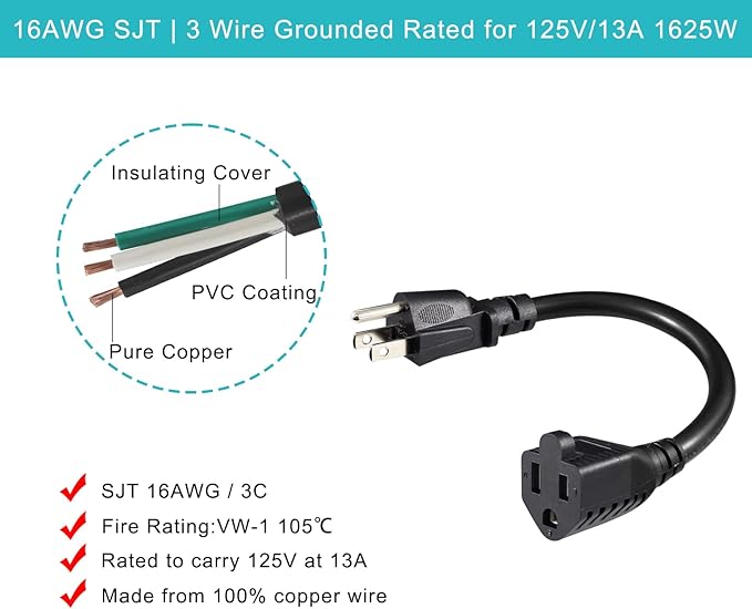 [6 Pack] Short 3 Prong Power Extension Cord - 6inch Black Mini Indoor Grounded Extension Cord,16AWG Small Electrical AC Extension Cord for Outlet Saver,Rated for 13AMP Home Appliance Extender Lead