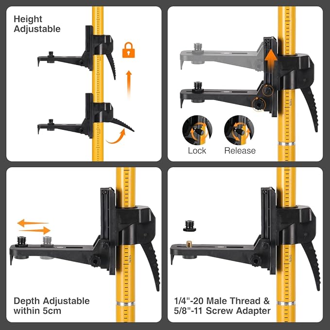 Upgraded 15.7 Ft/4.8M Telescoping Laser Level Pole with Tripod and Mounting Clamp, Adjustable Bracket with 1/4"-20 and 5/8"-11 Threads for Rotary and Line Lasers