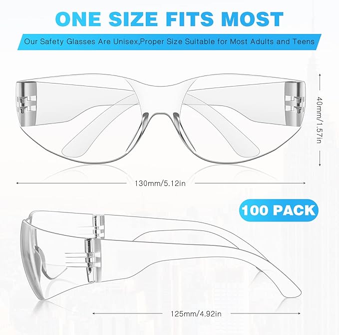 WFEANG Safety Glasses (Bulk 100-Pack) - Eye Protection Glasses with ANSI Z87.1, Scratch & Impact Resistant Protective Eyewear for Work, Lab, Construction