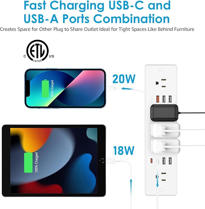 HHSOET 13 in 1 Recessed Power Strip Flat Plug, Fast Charging Desk Outlet with USB, Conference Recessed Power Outlet Socket with 5 AC Plugs, 6 USB Ports 2 USB-C, 6ft Power Cord. (White)