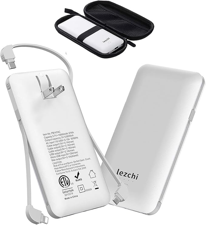 Portable Power Bank, Ultra Slim 10000mAh Portable Charger, USB C External Battery Pack with Built-in AC Plug, Charging Cable, Output Port, Compatible with All Kinds of Cellphones …