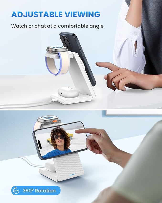 Wireless Charger Magnetic for Apple Devices - JoyGeek 3 in 1 Foldable Charging Station for Magsafe Compatible with iPhone 16 15 14 13 12 Pro Max Plus, Apple Watch 10 9 8 7 6 5 4 SE, AirPods 4/3/2/Pro