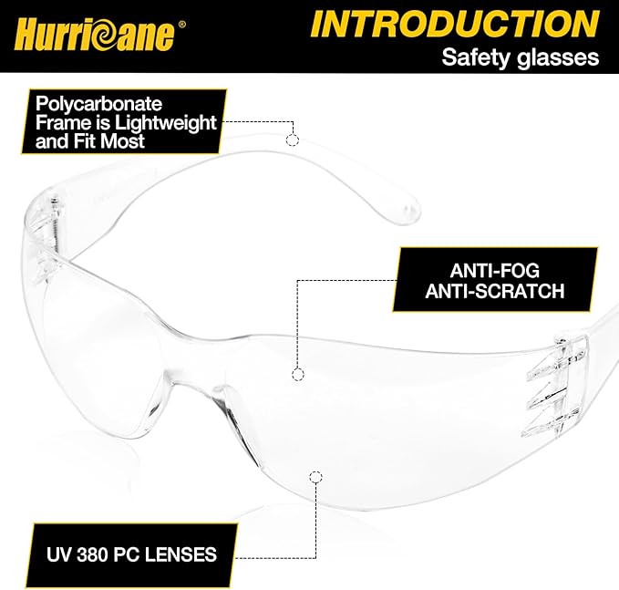 HURRICANE Clear Safety Glasses - 24 Pc Safety Goggles with Clear Lens, 98% UV380 blocking, Scratch Impact Resistance Wrap Around Eyewear for Work, Lab, Construction Use