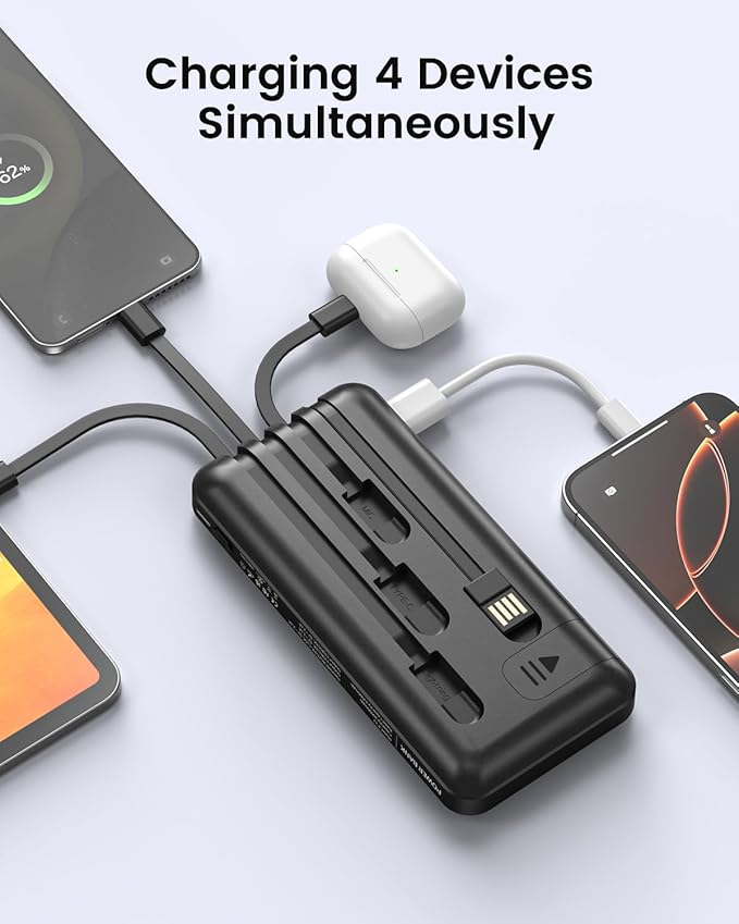 Portable Charger Power Bank with 4 Built in Cables, 38800mAh 22.5W External Battery Pack, USB C Slim Fast Charging, Travel Phone Charger for iPhone 16/15/14 Samsung Android iPad etc Black