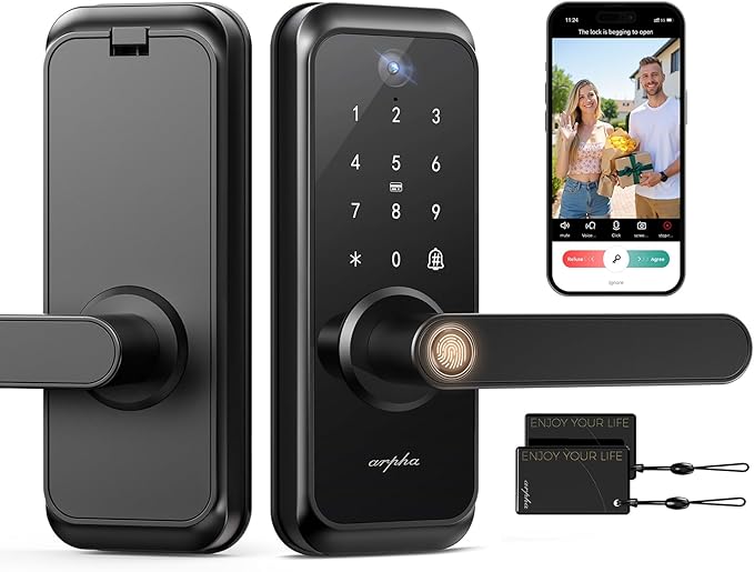 WiFi Video Smart Lock with Camera & Handle - 6-in-1 Keyless Entry (Fingerprint/App/Keypad/FOB/Key/Camera), Built-in WiFi, 2-Way Audio, Auto-Lock, Waterproof - Black