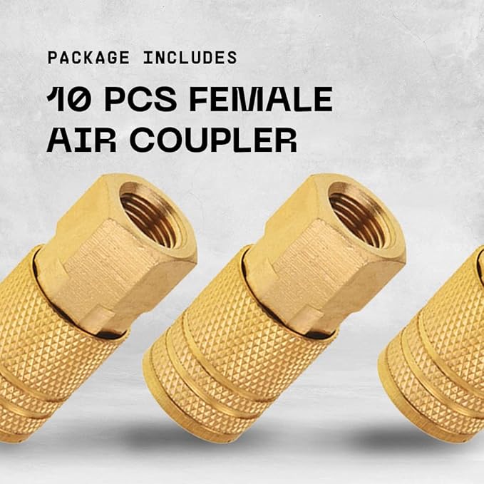 Female Air couplers -1/4-Inch NPT Thread Quick Connect Air Coupler Plug Kit - 10-Pack, Air Tools Fittings Set, Air Compressor Accessories Fittings with Brass Finish