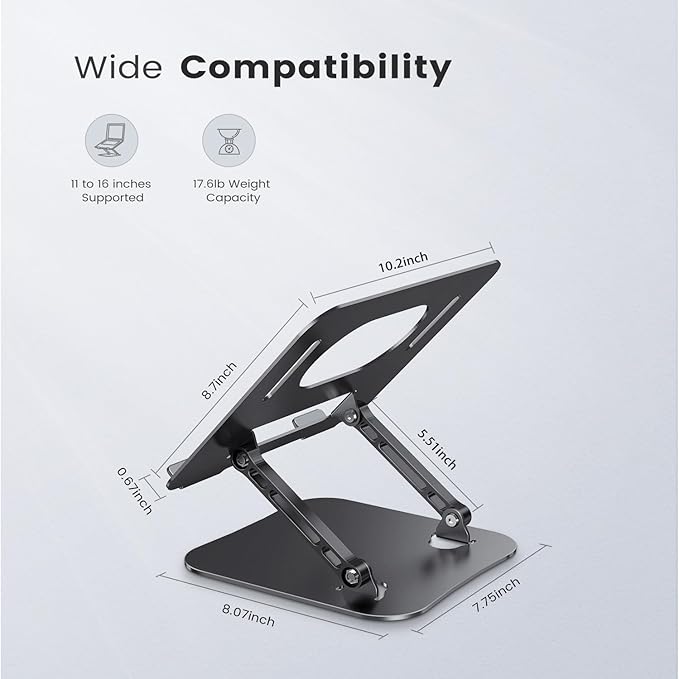 Adjustable Laptop Stand for Desk, Aluminum Portable Laptop Stand, Lightweight 500g, Foldable Ergonomic Computer Notebook Stand Holder for 11-16" MacBook Air Pro, Dell XPS,HP Computer Notebook, Black