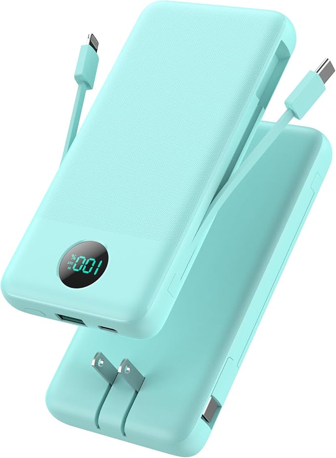 Portable Charger 13800mAh Slim USB C Power Bank with Built in Cables and Wall Plug,LCD Display Lightweight Travel Battery Pack,PD Fast Charging Compatible with iPhone 15,14,Samsung Android-Green