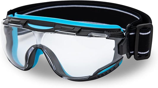 DEX FIT Protective Safety Goggles SG220; Anti Fog & Scratch, Z87 Eye Protection for Lab, Science, and Chemistry Work, Adjustable for Women and Men, (Black & Blue Frame, Clear Lens, 19cm Strap)