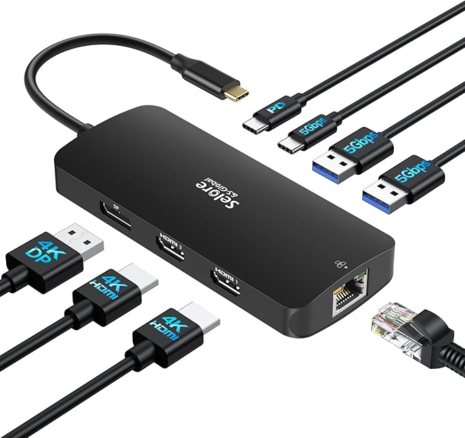 USB C Docking Station Dual Monitor, Selore Docking Station 3 Monitors Triple 4K Display with 2 HDMI, DisplayPort, 1 Gbps Ethernet, 100W PD Charging, USB 3.0 Ports Adapter for Dell, HP, etc(Black)