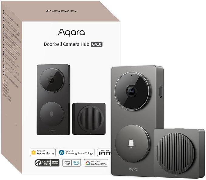 Aqara Smart Doorbell Camera G410 with Chime, 2K, HomeKit Secure Video, 2-Way Audio, Built-in Matter Hub, Wireless/Wired, Supports Apple Home, Alexa, Google, Home Assistant, 2.4G/5GHz Wi-Fi, Gray