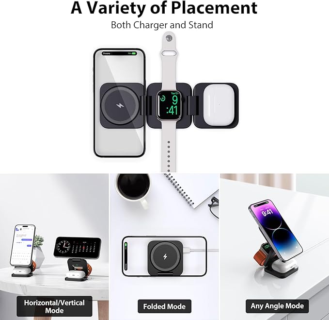 Fast Wireless Charger, Magnetic Foldable 3 in 1 Charging Station for iPhone 16/15/14/13/12/Pro/Plus/Pro Max, 5W Portable Charger for Apple Watch10/9/8/7/6/5/4/3/SE, for Airpods3/2/Pro-Black