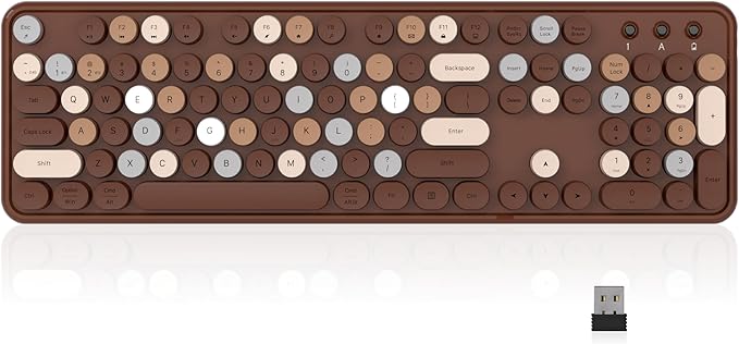 Wireless Bluetooth Keyboard, Retro Typewriter Style Keyboard, Full-Size with Round Keycaps, 2.4GHz Plug and Play Connection for Windows, Mac, Laptop, PC, Desktop (Coffee-Colorful)