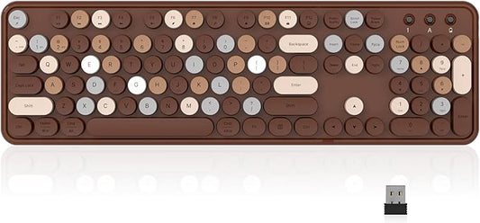 Wireless Bluetooth Keyboard, Retro Typewriter Style Keyboard, Full-Size with Round Keycaps, 2.4GHz Plug and Play Connection for Windows, Mac, Laptop, PC, Desktop (Coffee-Colorful)