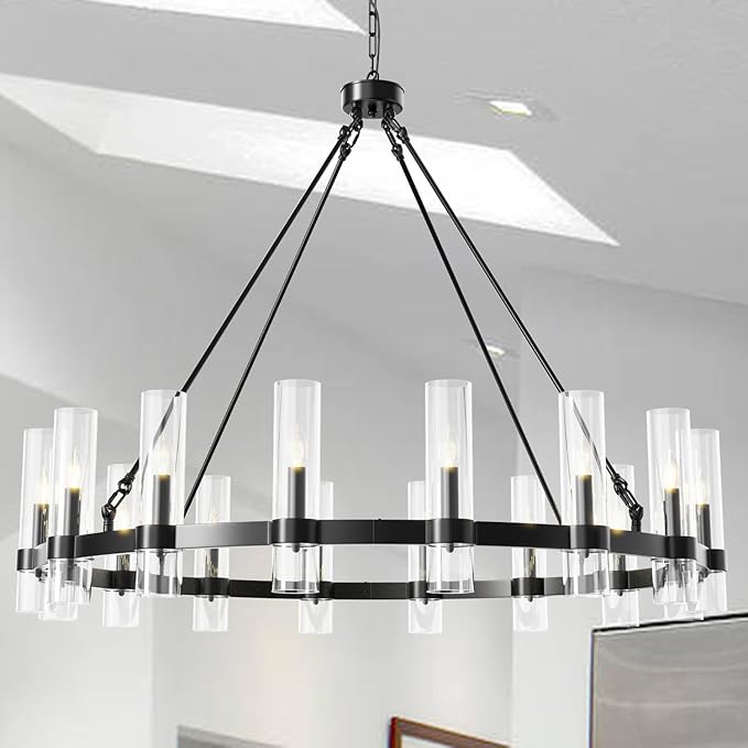 48 Inch Black Wagon Wheel Chandelier, 16 Lights, with Brown Glass Shade, Large Hanging High Ceilings Chandeliers for Dining Room Kitchen Foyer Entryway Living Room