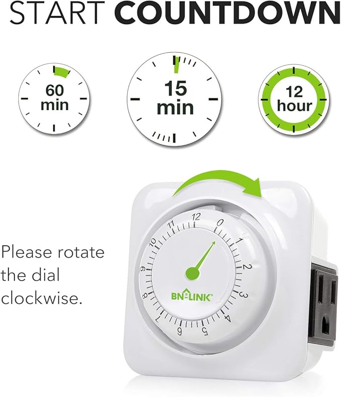 BN-LINK 12 Hour Indoor Mechanical Accurate Countdown Timer, 3-Prong Grounded Outlet, 15 Minute Increments, Energy Saving for Kitchen, Phone Charger, Lamps, Holiday Decoration 1875W, 1/2 HP, ETL Listed