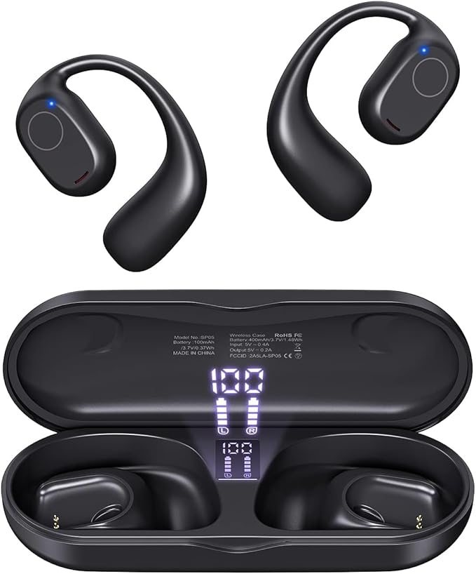 Open Ear Headphones, True Wireless Earbuds 40H Playtime Bone Conduction Headphones with Mic, Bluetooth 5.3 Over Ear Earbuds with Hooks & LED Display Charging Case, IPX6 for Sports (Black)