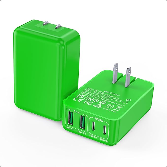 Flat USB C Charger Block, 2-Pack 40W USB C Fast Charging Block 4-Port Dual PD+QC Power Adapter Double Charger Block Multiport Type C Cube Multiple Wall Plug for iPhone16 15 14 13 12 11 Pro Max(Green)