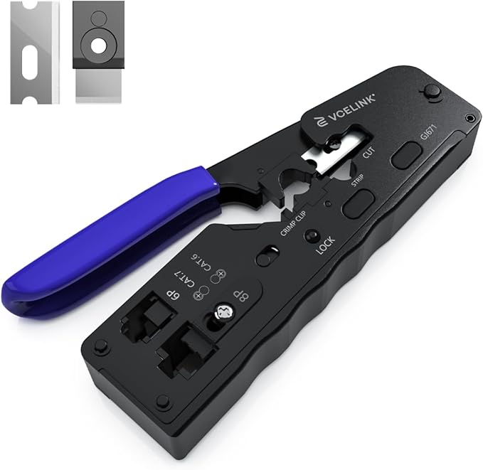 VCELINK RJ45 Crimp Tool, All-In-One Ethernet Pass Through Crimper for CAT7 CAT6A CAT6 CAT5e CAT5 Ethernet Connectors by Screw Adjustment, RJ45 and RJ11/RJ12 Crimping Tool with Mini Stripper