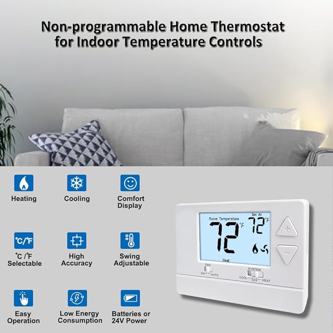 NonProgrammable Thermostat for Home,Single-Stage Systems,Digital Energy-Saving Thermostat,1 Heat/1 Cool, Easy DIY Install, White Backlight