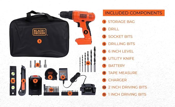 BLACK+DECKER 20V MAX Drill & Home Tool Kit, 34 Piece (BDCD120VA), Orange