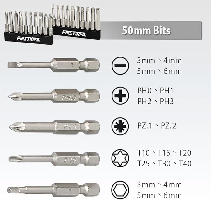 FIRSTINFO H5199D Screwdriver Bit Set | S2 Alloy Steel | 1/4" Hex Head 50mm Long, 20 Pieces with Phillips Hex Star Flat and PZ