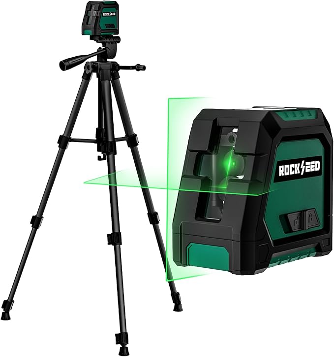RockSeed Dual Modules Line Laser, Self Leveling Laser Level, Horizontal and 150° Vertical Green Beam, 2 AA Batteries, Carrying Bag, for Home Decoration/DIY/Construction Site