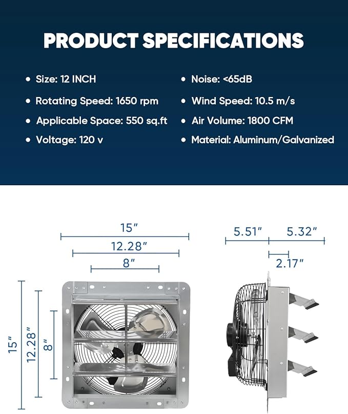JPOWER 12 Inch Shutter Exhaust Fan, Gable Vent Fan, Wall Mount Ventilation, Automatic Aluminum Blades, High Speed, 1800CFM, for Garages, Shop, Greenhouse, Attic