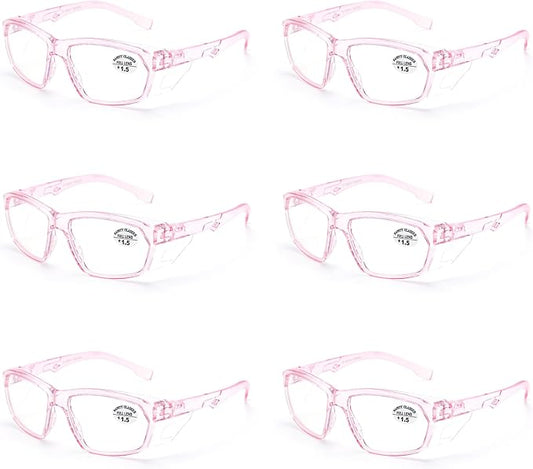 ProtectX Stylish Anti-Fog & Scratch-Resistant Safety Glasses With Readers, UV Protection Goggles, Anti-Impact Lightweight Glasses for Men＆Women Pink Reading 1.5-6 Pack